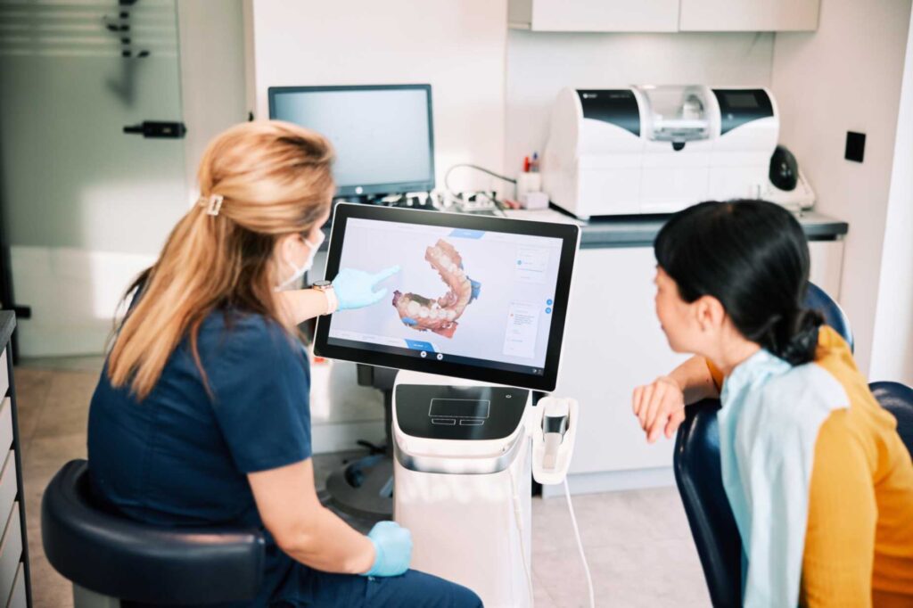 3D dental X-ray scan on a digital monitor in a modern clinic